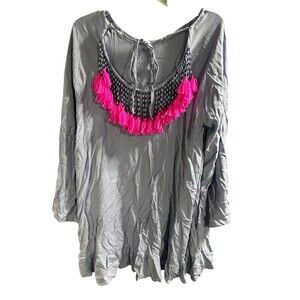 Philosophy Beaded Fringe Bell Sleeve‎ Light Blue Vacation Dress Sz M Detail Boho